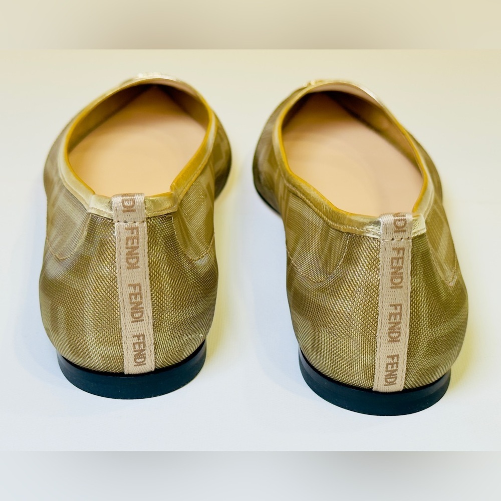 Fendi Colibri FF Mesh Ballerina Flats Gold Pointed Logo Engraved Metal Size 37 - Picture 10 of 15
